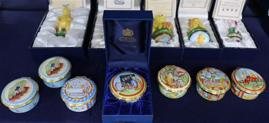 Five Halcyon Days Winnie the Pooh figural bonbonieres (all boxed) and 7 Winnie the Pooh year boxes;